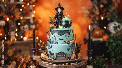 Elaborate two-tier Halloween cake featuring a witch, bubbling cauldron, and 'Witch's Brew' sign, set against a festive autumn background.