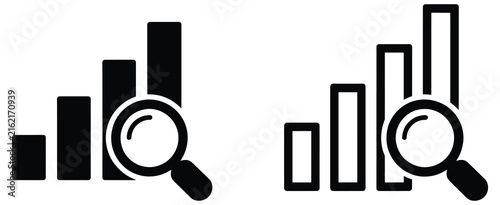 Bar Graph Icon Set, Data Analysis, Magnifying Glass, Statistics, Search, Research, and Business Analytics Symbols, Vector, Designs