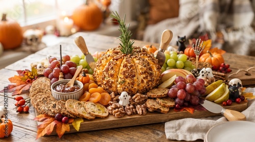 Festive Halloween charcuterie board featuring a pumpkin-shaped cheese ball, nuts, crackers, fruits, and spooky ghost and skull decorations.