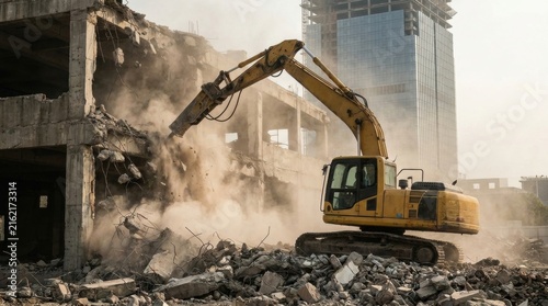 Demolition in Progress: A powerful excavator tears down an old building, sending clouds of dust and debris into the air, with a modern skyscraper looming in the background.