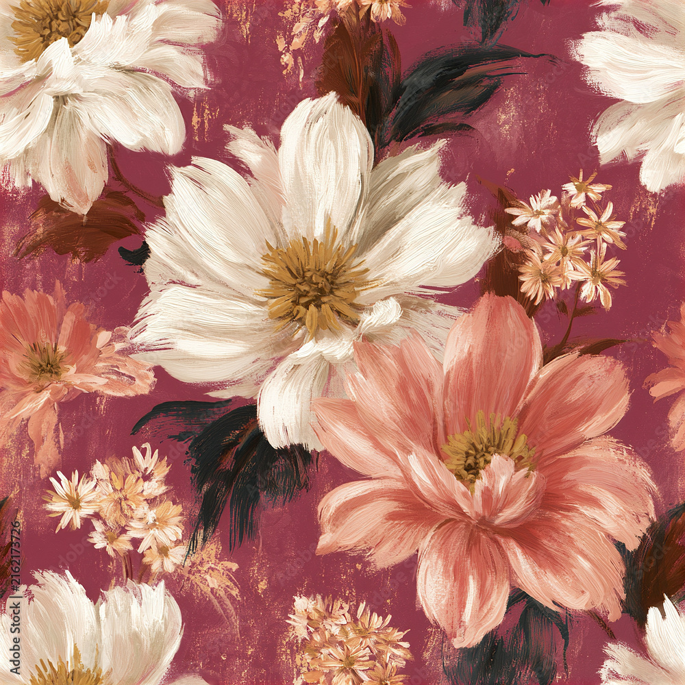 Fototapeta premium Retro painterly floral pattern with large white and peach flowers on textured burgundy background, evoking warmth and elegance