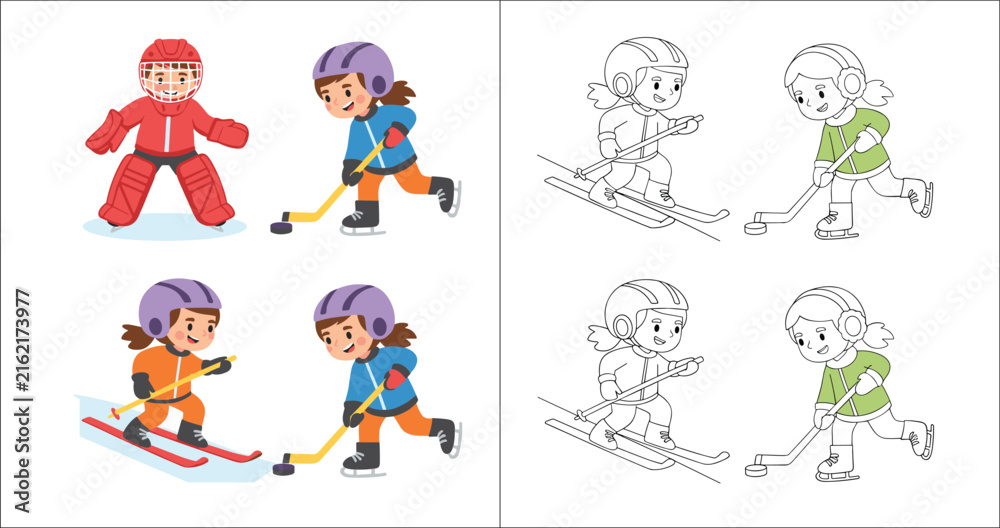 Fototapeta premium Cartoon children playing ice hockey and skiing winter sports with coloring page outlines