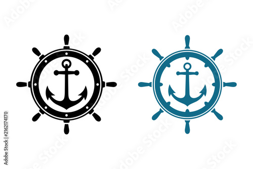 Black and blue marine helm icons featuring central anchors. Flat minimalist maritime symbols for sailing branding and nautical vector graphic elements.