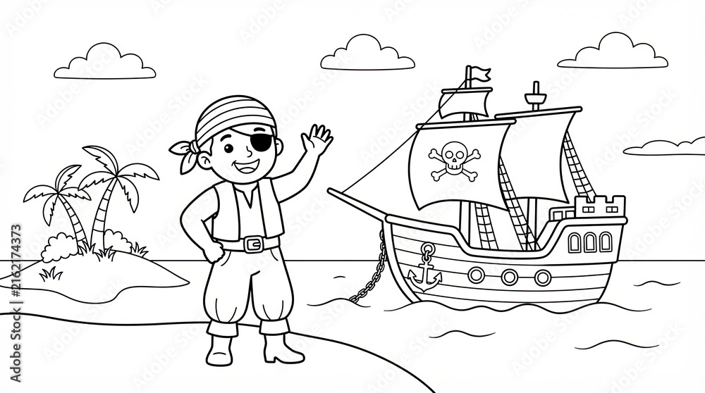 Naklejka premium Little pirate boy waving on a tropical island with a ship in the sea