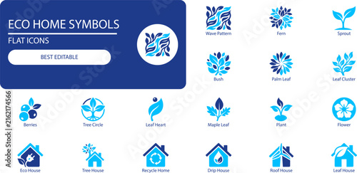 Eco home symbols icon set. Simple cutout vector illustration of leaves, plants, house and nature for sustainable design.