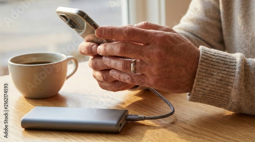Charging Up Life: Close-up shot of a person using a smartphone connected to a portable power bank, with a warm cup of coffee on the table, highlighting modern connectivity and convenience.