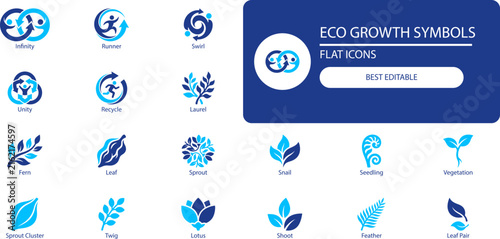 Eco growth symbols icon set. Simple cutout vector illustration of leaves, plants, recycling and nature motifs for sustainability design