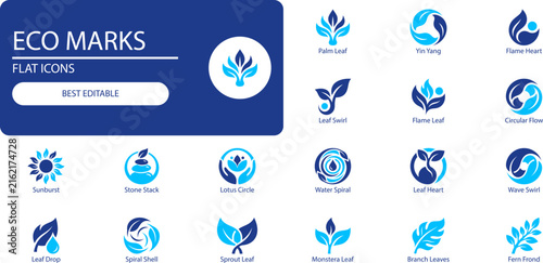 Eco symbols icon set. Minimal silhouette vector collection of leaves, water, sun, and growth motifs for sustainability design