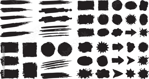 A varied assortment of black brushstrokes splatters and abstract shapes presented on a pristine white backdrop ideal for various artistic design projects and creative