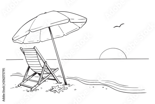 Hand drawn illustration featuring relaxed coastal scenery with wooden sun lounger under parasol on sandy shore near water horizon for travel tourism concepts.