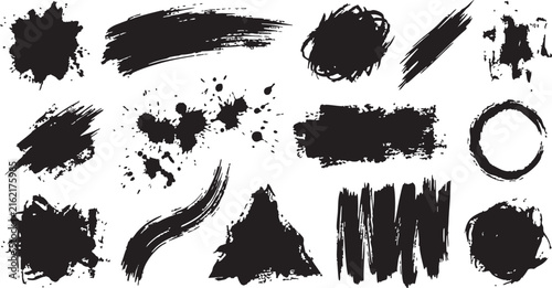 A diverse compilation of rough textured black ink brush strokes and splatters isolated on a pristine white backdrop for artistic design projects