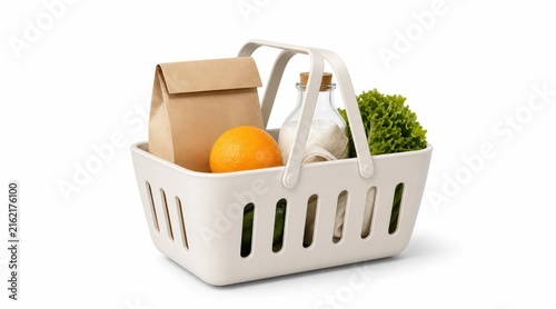 Porcelain shopping basket with groceries on white background