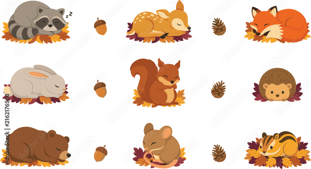 Obraz premium Cute Sleeping Autumn Woodland Animal Vector Clipart Set Featuring Whimsical Hibernating Forest Creatures on Fall Leaves for Seasonal Greeting Card Designs