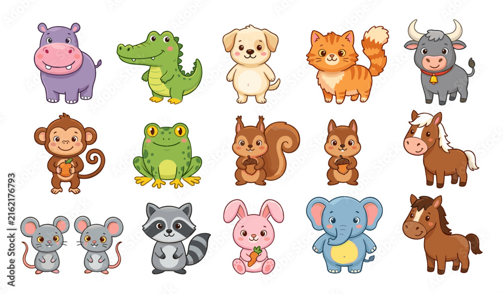 Fototapeta premium Cute Cartoon Baby Animal Icon Set with Funny Zoo and Forest Creatures for Children Book Nursery and Toy Brand Graphic Designs