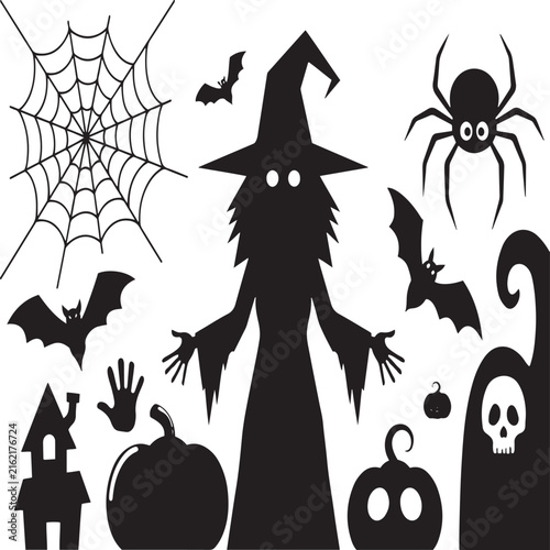 Halloween silhouette elements set with spooky witch, spider web, giant spider, haunted house, skull ghost and bats vector illustration