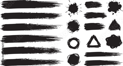 An artistic compilation of diverse freehand brush strokes and abstract forms in black presented on a pristine white backdrop ideal for numerous design applications