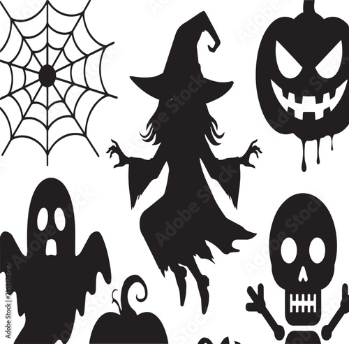 Halloween spooky character silhouette set with cute witch, ghost, skull skeleton, spider web and melting pumpkin vector illustration