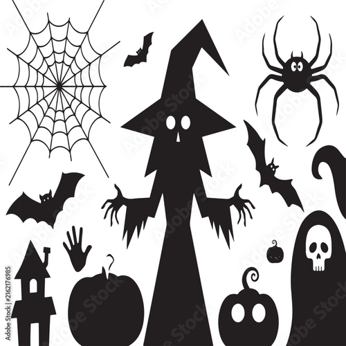 Halloween spooky silhouette elements set with witch, spider web, giant spider, skull ghost, pumpkin and bats vector illustration