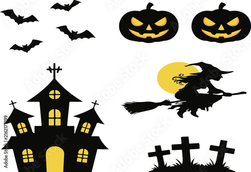 Halloween silhouette design element set with haunted house, flying witch on broomstick, scary pumpkins and bats vector illustration