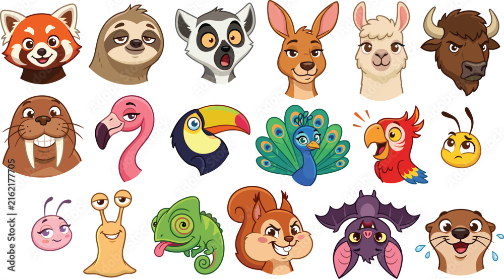 Naklejka premium Cute Cartoon Animal Avatars Vector Set Featuring Red Panda, Sloth, Lemur, Toucan, Peacock, Bat, and Chameleon Faces for Kids Graphic Designs