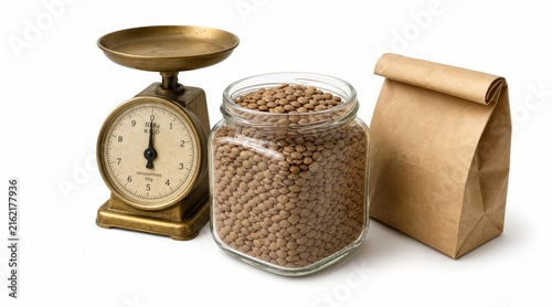 Glass jar of brown lentils with kitchen scale and paper bag