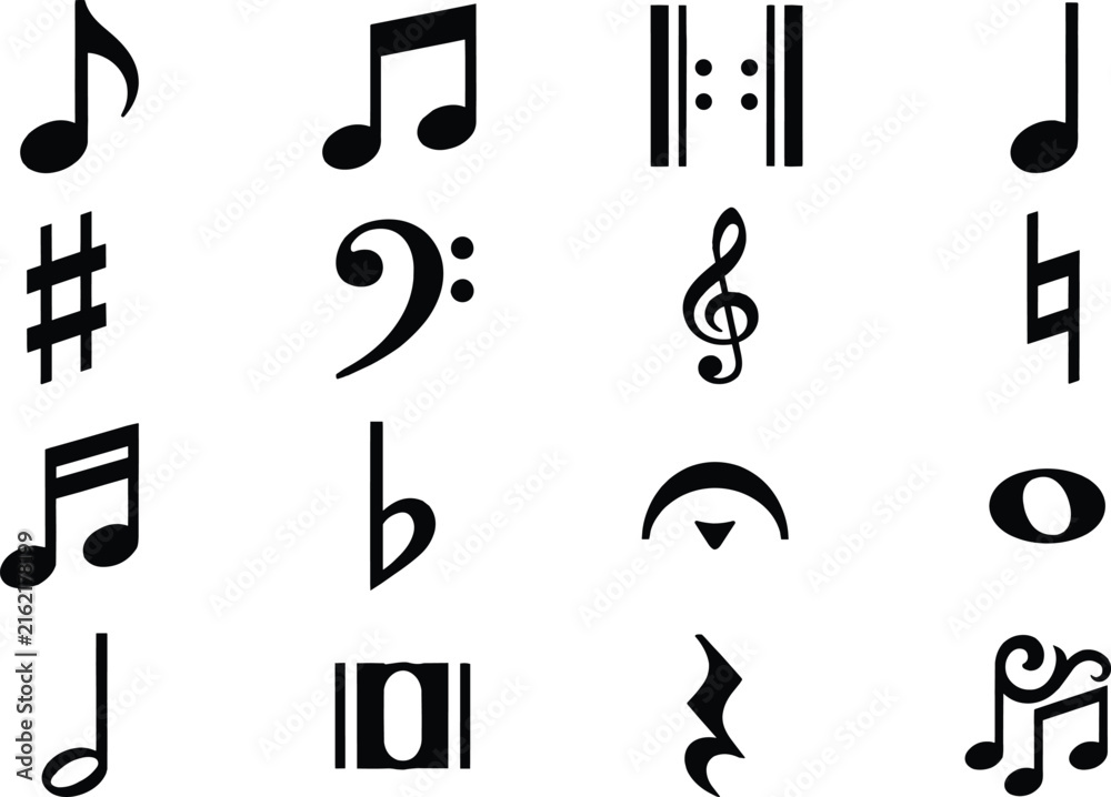 Fototapeta premium Black Music Symbols and Musical Notes Icon Set Isolated on White Background Vector Collection