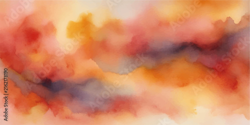 Abstract Fire Watercolor Background with Red Orange Flames, Colorful Clouds, Smoke and Glowing Sunset Light, Artistic Heat Texture for Creative Wallpaper and Nature Design