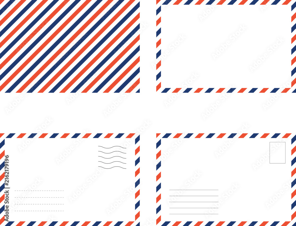 Fototapeta premium Red and blue striped pattern with blank postcard templates on a white background