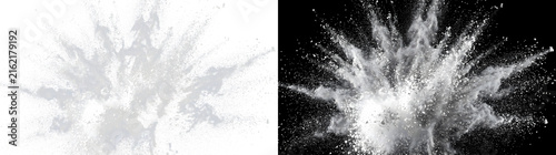 Konstfotografi White powder dust explosion bursting outward with scattered particles for dynami