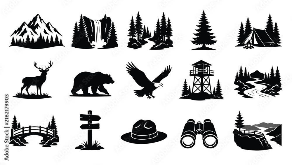 Fototapeta premium Set of nature and camping icons, including mountains, forest, waterfall, wildlife, tent, and hiking gear