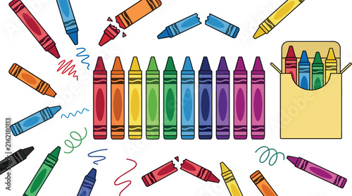Foto Colorful Wax Crayon Set with Rainbow Colors Open Box Broken Pieces and Doodles V