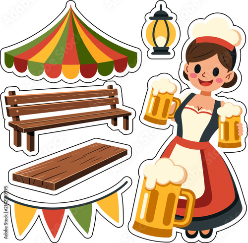 Oktoberfest Beer Tent Celebration Sticker Collection Featuring Bavarian Festival Atmosphere, Beer Culture And Traditional Party Elements