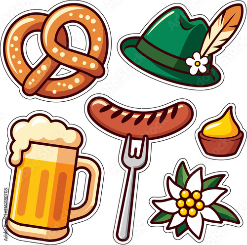 Oktoberfest Festival Elements Sticker Collection Featuring German Symbols, Beer Icons And Traditional Celebration Graphics