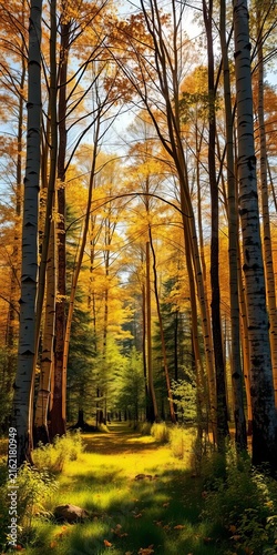A serene forest glade surrounded by towering birch trees with golden leaves rustling in the sunlight, calm, sunlight