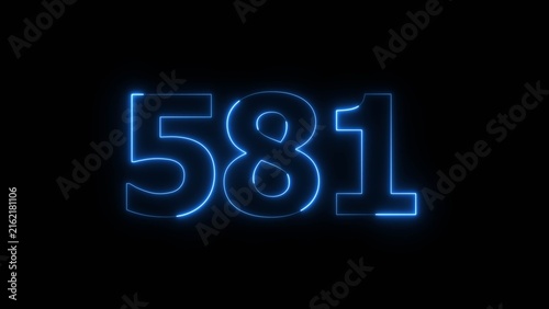 Abstract beautiful blue color neon 581 number icon illustration. Glowing neon countdown number sign background.
