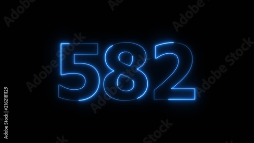 Abstract beautiful blue color neon 582 number icon illustration. Glowing neon countdown number sign background.