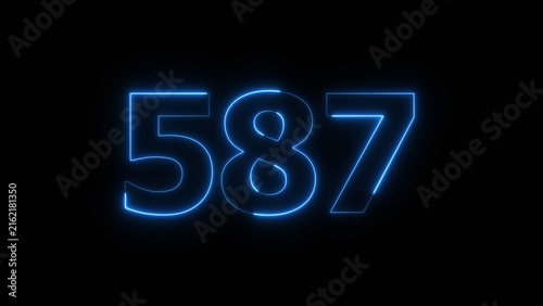 Abstract beautiful blue color neon 587 number icon illustration. Glowing neon countdown number sign background.