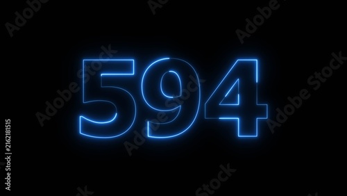 Abstract beautiful blue color neon 594 number icon illustration. Glowing neon countdown number sign background.