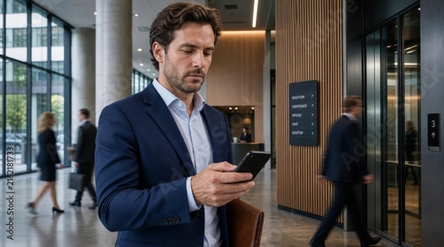 Professional locking smartphone in corporate lobby