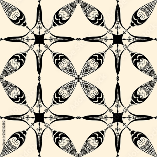 seamless pattern with butterflies Elegant vintage seamless pattern with black intricate ornaments on cream background.