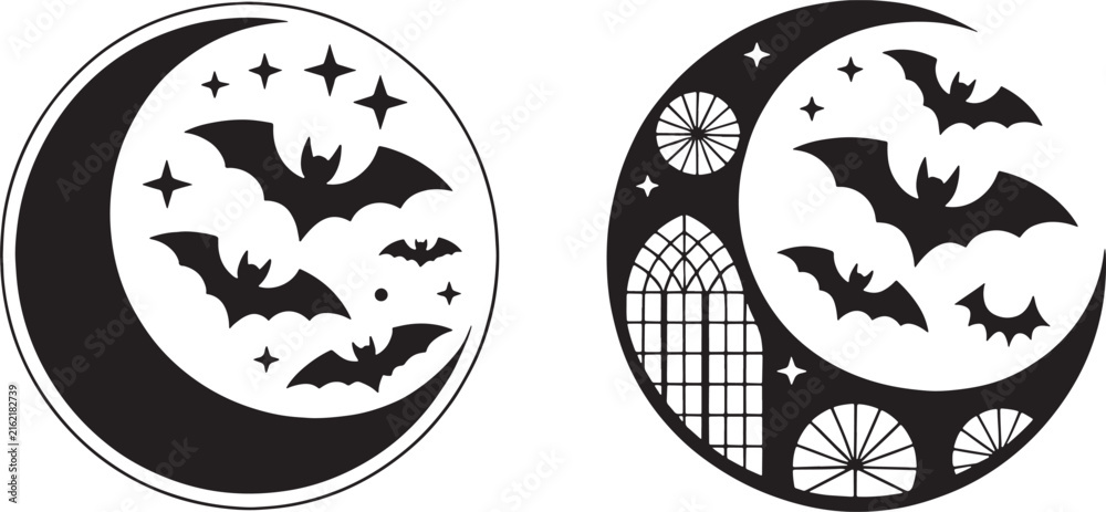 Fototapeta premium Halloween bat moon crescent ornaments with pumpkins and haunted house castle for festive crafts.