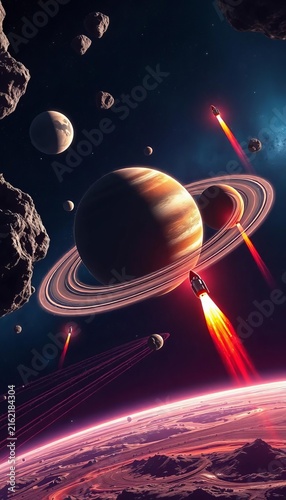 Asteroid belt with spinning planets and rockets, ||asteroid belt, rocket ships
