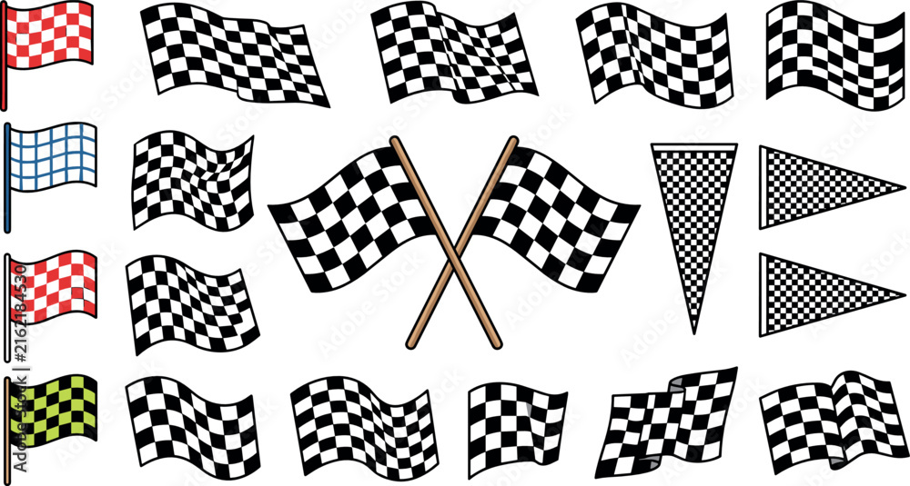 Fototapeta premium Racing Checkered Flag Vector Set with Crossed Waving Flags Checkerboard Pennants and Colorful Finish Line Grid Banners for Motorsport Graphic Designs
