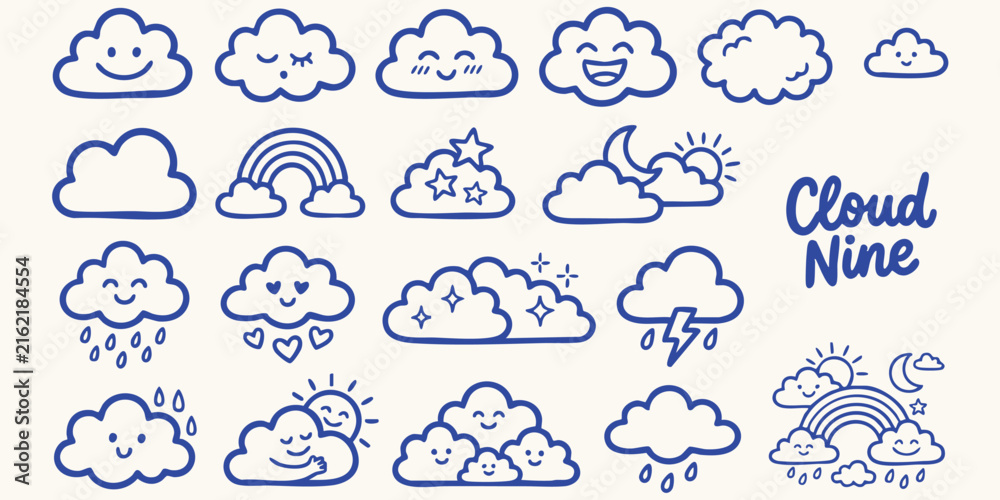 Fototapeta premium Whimsical cloud illustrations with smiling faces and weather elements on a cream background