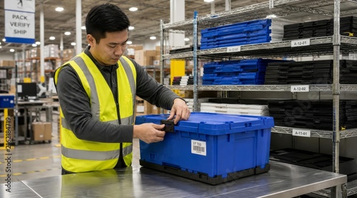 Warehouse Worker Inspecting Reusable Packaging