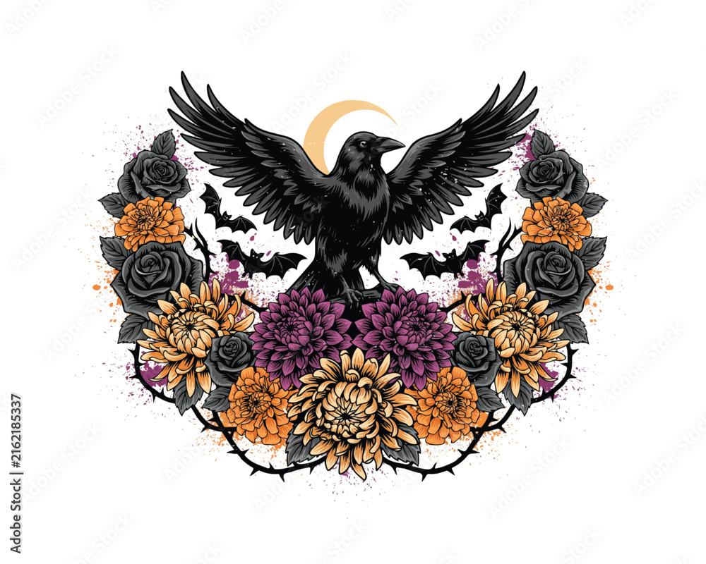 Naklejka premium Raven Floral Frame vector illustration isolated on white background