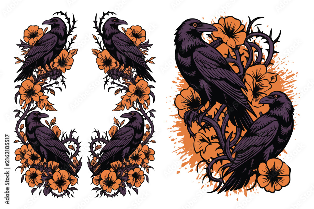 Naklejka premium Mystical Raven Flower Frame Vector Illustration Isolated on White Background