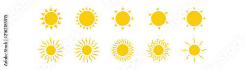 Yellow Sun Icon Set with Sunshine and Solar Rays. Decorative Full Sun Symbols on White Background. Perfect for sunshine, solar energy, and nature themes.