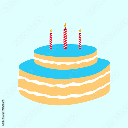 Multitiered blue frosted birthday cake three striped red white lit birthday candles.