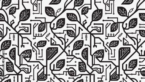 Green Technology Seamless Circuit Board Pattern with Leaf and Eco Bio Nature Concept Vector Background